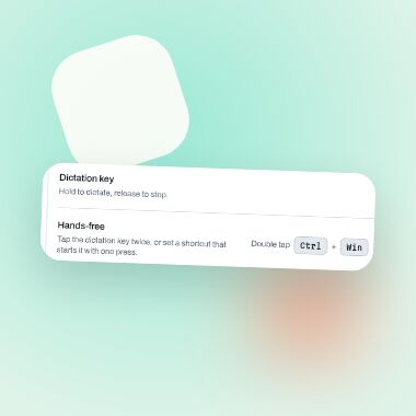 The LotusQ Shortcuts window, showing the Dictation key and the Hands-free shortcut, Double tap Ctrl + Win.