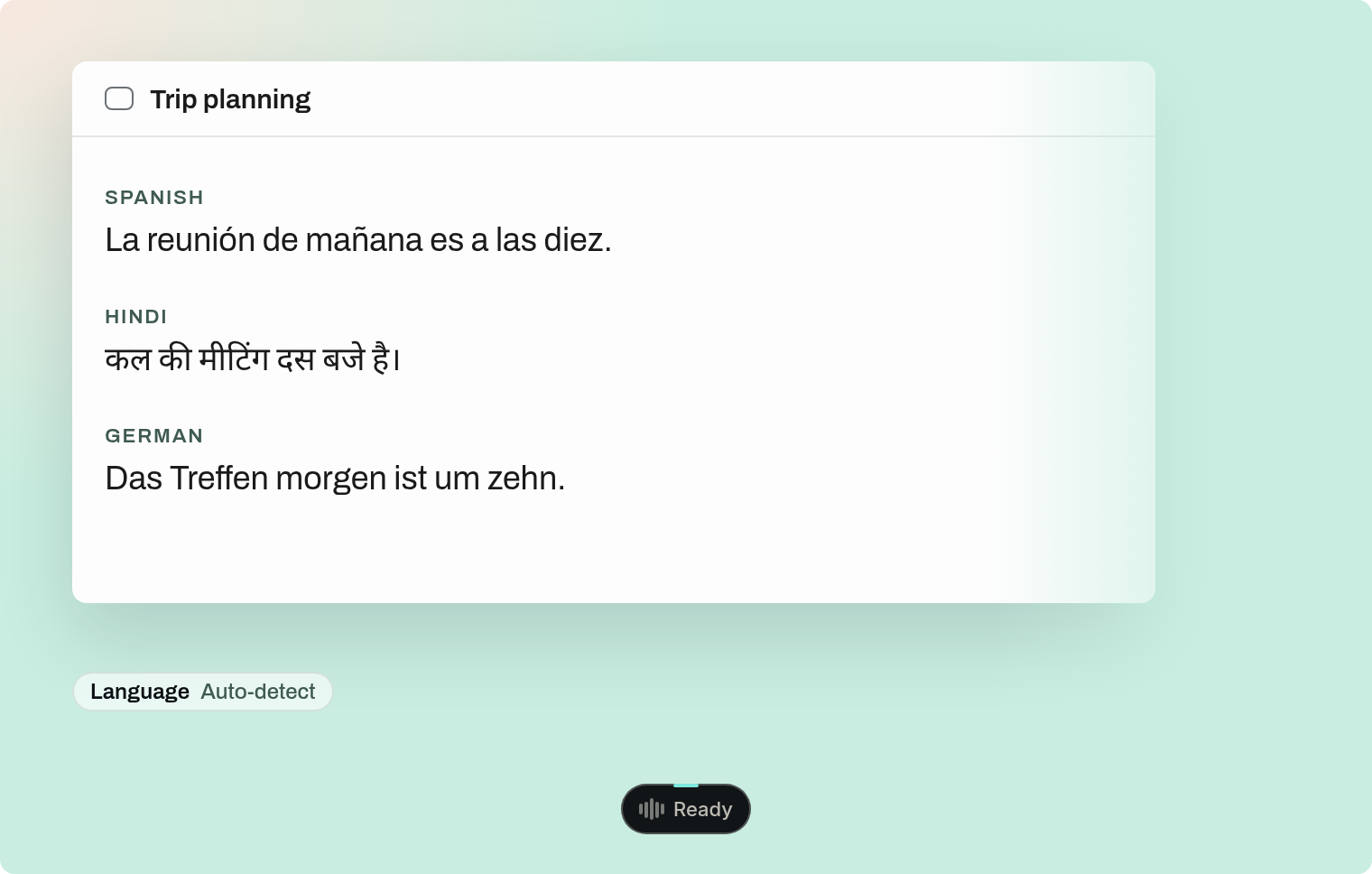 Spanish, Hindi and German lines in one notes window, with the language set to Auto-detect.