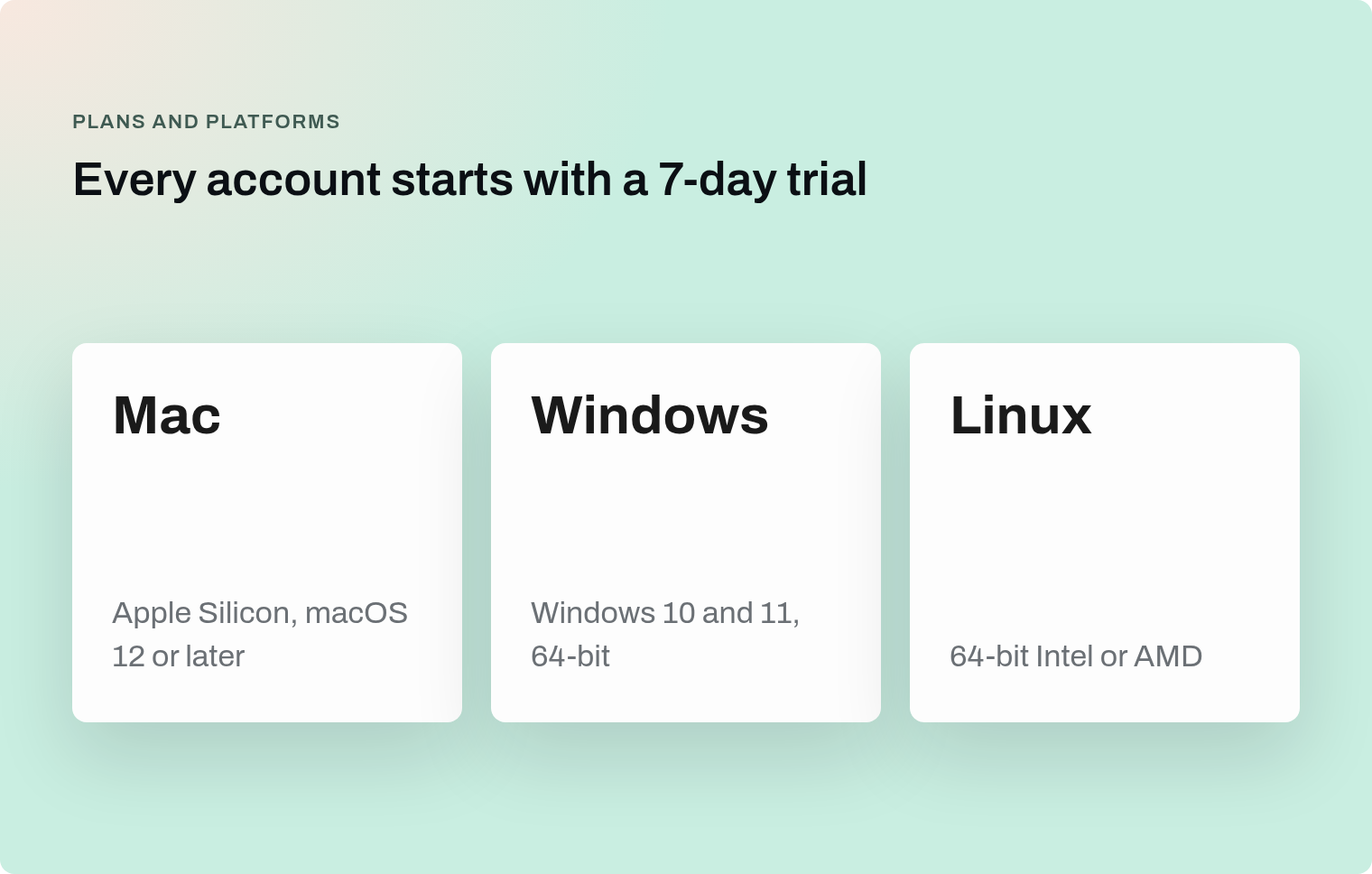 Every account starts with a 7-day trial. Mac, Windows and Linux, with the systems each supports.