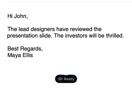 An email with a greeting, two tidy sentences and a sign-off, and the LotusQ pill showing Ready