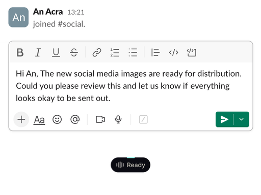 A work chat message box holding a short, friendly message, and the LotusQ pill showing Ready