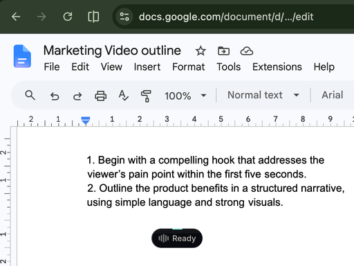 A document open in a browser tab with a dictated numbered list, and the LotusQ pill showing Ready