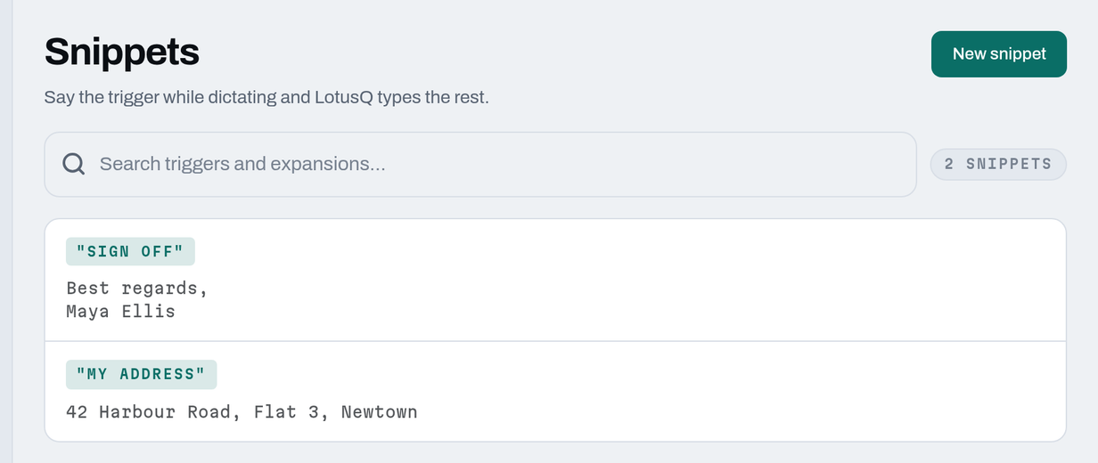 The Snippets page in the LotusQ app: a snippet with the trigger "sign off" and the saved text it types